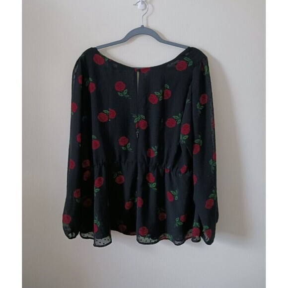 Torrid Blouse Top Roses Sheer Chiffon Dot Puff Sleeve Black/Red 3X - Picture 2 of 10